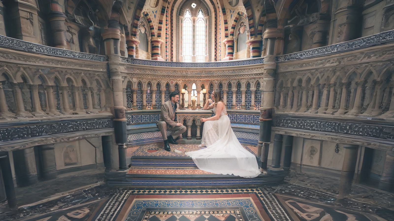 Timeless wedding photography at De Vere Horsley Estate featuring a bride and groom sitting opposite each other inside the historic chapel.
